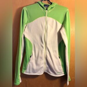Patagonia Women's Retro Lime Green and White Full Zip Hooded Jacket size medium